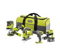 RYOBI - Combo 4 outils : perceuse-visseuse + scie sauteuse + meuleuse 115 mm + ponceuse triangulaire + 1 batterie 2,0 Ah + 1 batterie 5,0 Ah + 1 chargeur - Livré en sac de transport - R18CK4B-252S