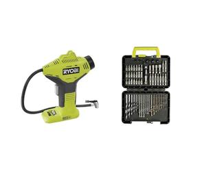 RYOBI - Compresseur 18V - jusqu'à 10,3 bars - Livré avec 3 embouts de gonflage - R18PI-0 & Coffret 60 accessoires de perçage et de vissage - RAK60DDF