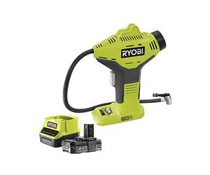 Ryobi Compresseur de Loisirs 18V Gonfleur Livré avec 1 Batterie Lithium+ 18V 2,0 Ah, 1 Chargeur Rapide 2,0 A et 3 Embouts de Gonflage pour Pneus de Voiture, Vélo, Ballons et Autres R18PI-120GJ