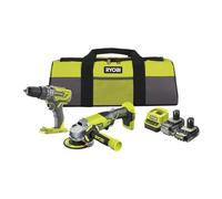 RYOBI Duo 18V ONE+ Perceuse et Meuleuse RCK182O-242SZL + 2 Batteries | Percussion 50 Nm, mandrin de 13 mm, disque de 115 mm à 7500 tr/min, accus 4,0 et 2,0 Ah, chargeur et sac de transport