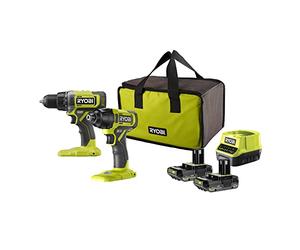 Ryobi - Duo 18V One+ Perceuse + Visseuse à choc Livrées avec 2 batteries 2Ah et son chargeur, dans un sac de transport - RCK182G-220S