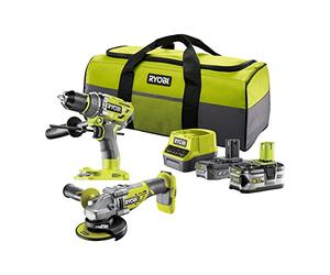 RYOBI - Duo BRUSHLESS : perceuse-visseuse à percussion & meuleuse d'angle 125mm - Livrées en sac de transport avec 2 batteries 5 et 2 Ah et 1 chargeur rapide - RCK182BL-252S