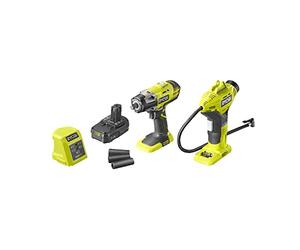 RYOBI - Duo ONE+ 18V : Boulonneuse à chocs 400 Nm - carré 1/2" - Livrée avec 1 adaptateur 1/4'' & 3 douilles + Compresseur 10,3 bars - Livré avec 3 embouts de gonflage + Chargeur & batterie 1,5Ah