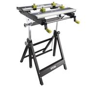 RYOBI Établi Pliable RWB03 Plateau Bambou Étau Orientable à 90° Réglable | Plan de travail multi-positions, surface antidérapante, 4 mors de serrage et ournis, structure en bois durable, atelier