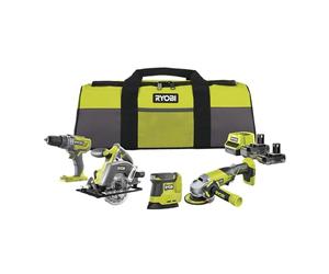 RYOBI - Kit 4 outils 18V ONE+ : Perceuse percussion, Meuleuse, Ponceuse triangulaire, Scie circulaire - livré avec 1 batterie 4Ah, 1 batterie 2Ah, un chargeur, et 1 grand sac - RCK184O-242SZL