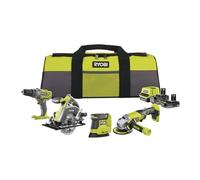 RYOBI - Kit 4 outils 18V ONE+ RCK184O-242SZL : Perceuse à percussion 50Nm, Meuleuse 115mm, Ponceuse triangulaire, Scie circulaire 150mm