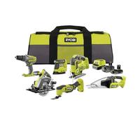 RYOBI - Kit 6 outils 18V ONE+ : Perceuse percussion, Scie sauteuse, Ponceuse triangulaire, outil multi-fonction, Scie circulaire, Aspirateur - batterie 1x4Ah, 1x2Ah, chargeur, sac - RCK186O-242SZL