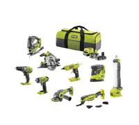 RYOBI Kit 9 Outils 18V ONE+ sans fil R18CK9B-252SLZ - 2 Batteries fournies | Accus 5,0 et 2,0 Ah avec chargeur, visseuse à chocs, meuleuse, multi-tool, pistolet à colle, scies, lampe, ponceuse