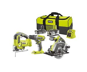RYOBI - Lot de 3 outils ONE+ & 2 batteries : Perceuse-visseuse 40Nm + Scie circulaire (lame 150 mm)+ Scie sauteuse pendulaire + 1 batterie 2,0 Ah + 1 batterie 4,0 Ah + 1 chargeur