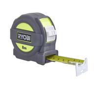 RYOBI Mètre Ruban 8 m Largeur 25 mm RTM8M Crochet Robuste et Renforcé | Lame rigide qui tient dans le vide, boîtier qui protège le mécanisme des chutes, charpente, cloisons et découpe, planches