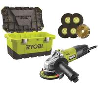RYOBI - Meuleuse d'angle 800 W 125mm - protection anti-redémarrage + coffre, 5 disques a ébarber & 1 disque diamant - RAG800-125TA6