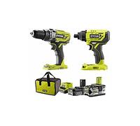RYOBI One+ Duo perceuse a percussion + visseuse a chocs sans fil 18V - R18PDID2-252S - batteries 2 et 5 Ah - sac de rangement
