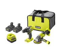 RYOBI ONE+ Pack duo perceuse meuleuse 18V sans fil - 2 batteries de 2Ah et un sac de transport