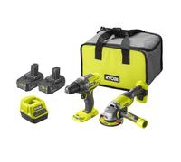 RYOBI ONE+ Pack duo perceuse meuleuse 18V sans fil - 2 batteries de 2Ah et un sac de transport