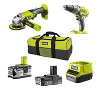 RYOBI 5133003842 - Combo 2 Outils 18 Volts ONE Plus : 1 Perceuse Percussion Plus 1 Meuleuse d'angle 115 mm 2 Batteries (2 and 4Ah), Chargeur, Sac de Transport - R18PDAG-242S