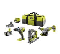 Ryobi pack 3 outils Brushless : perceuse à percussion scie sauteuse meuleuse d'angle 2 batteries 2 / 4 Ah 1 chargeur 2 0 A