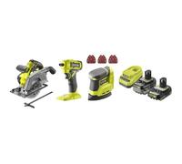 RYOBI Pack 3 outils ONE+ 18V perceuse-visseuse + scie sauteuse + ponceuse delta + batteries 4Ah & 2Ah + chargeur R18CK3G-242G