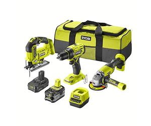 RYOBI - Pack 3 outils sans fil One+ : perceuse R18DD7 - meuleuse R18AG - scie sauteuse R18JS - 2 batteries 2Ah et 4Ah - 1 chargeur - 1 sac de transport