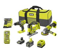RYOBI Pack 4 outils ONE+ 18V perceuse à percussion + meuleuse + scie sauteuse + ponceuse + batt. 5Ah & 2Ah + sac R18CK4F-252S