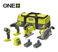 RYOBI Pack 4 outils : perceuse-visseuse, scie sauteuse, scie circulaire, lampe LED + 1 grand sac, 2 batteries 2 Ah + 1 chargeur