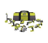 Ryobi - Pack 9 Outils 18V ONE+ : Perceuse, Visseuse à chocs, Meuleuse, Multi-Tools, Pistolet à Colle, Scie Circulaire, Scie Sauteuse, Lampe, Ponceuse + 2 Batteries et Chargeur - R18CK9B-252SLZ