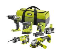 RYOBI - Combo 2 outils 18 Volts ONE+ : Perceuse 50 Nm + Scie sabre + Meuleuse + Ponceuse + 2 batteries (2 & 4Ah) + Chargeur + sac de transport - R18CK4E-242S