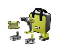RYOBI - Perceuse sans fil 18 Volts, 2 vitesses, 50 Nm, Mandrin 13 mm, Variateur de vitesse, LED, Livrée en sac avec 1 batterie 4 Ah + 1 batterie 1.5 Ah + 31 accessoires vissage PH/PZ/SL/HEX/TX