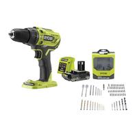 Ryobi - Perceuse-visseuse à percussion 18V - 2 vitesses - 50 Nm - mandrin 13 mm livrée avec 1 batterie 2Ah, chargeur, Coffret 69 Pièces (Vissage et Perçage) - R18PD32-1C20G69MIX