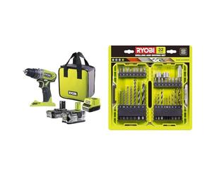 Ryobi - Perceuse-visseuse à percussion 18V ONE+ avec 1 batterie Lithium+ 2,0 Ah & 1 batterie & Coffret Empilable 32 Accessoires Mixtes Perçage - Vissage - Boulonnage + 1 Porte-embout PH