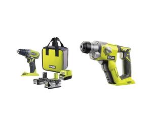 RYOBI - Perceuse-Visseuse Sans Fil 18V ONE+ - 2 Vitesses - Livrée avec 1 Batterie Lithium+ 2,0Ah & Marteau perforateur à batterie SDS-PLUS 18V 15Nm (sans batterie) - R18SDS-0
