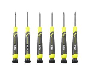Ryobi - RHSDSPCT6 - Set de 6 Tournevis de Précision Torx Magnétiques - T5 à T10 - Embouts oxyde noir, capuchon rotatif - Réparations électroniques & travaux minutieux