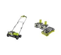 Ryobi RY18SFX35A-0 18V ONE+ Cordless 35cm Brushless Scarifier, 18 V, Vert & Pack 2 Batteries 18V One+ 5.0 Ah & Son Chargeur Rapide - RC18150-250G