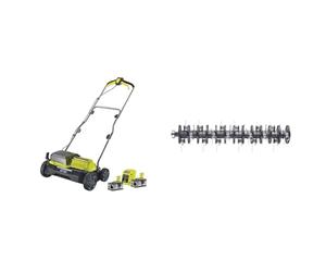 Ryobi Scarificateur 2 x 18V LithiumPlus Fusion Brushless - Diamètre 35 cm - 55L - 2 Batteries 4.0 Ah - 1 Chargeur Rapide RY18SFX35A-240 & Rouleau aérateur pour scarificateur AC/DC RAC821-35 cm