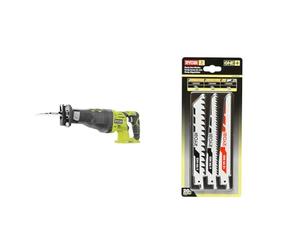 RYOBI - Scie sabre 18V - 0-2 900 cp/min - course de lame 28 mm - capacité bois 200 mm & Blister 3 lames spéciales scie sabre (bois/métal/plastique) - emmanchement universel