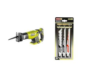 RYOBI - Scie Sabre 18V ONE+ - Course de Lame 22mm - Capacité Coupe 18cm - Patin Ajustable, Poignée Gripzone, Anti-Vibration - Changement de Lame sans Outil & Blister 3 lames spéciales scie sabre