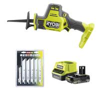 Ryobi - Scie sabre compact sans fils 18 volts ONE+, Brushless + 1 Batterie 2Ah et 1 chargeur rapide + 6 lames panachées scie sabre (bois/métal - emmanchement universel)
