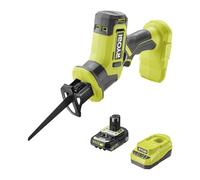 RYOBI Scie Sabre Compacte 18V ONE+ Élagage R18RSC-1C20GP Batterie 2,0Ah | Batterie 2,0 Ah et chargeur inclus, vitesse variable 0 à 3000 coups/min, course de lame 16 mm, cloison, tube PVC, branches