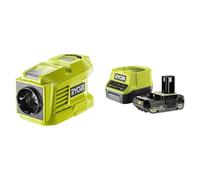 Ryobi - Transformateur 18V - Puissance Continue 150 W - Puissance Crête 300 W - 1 Port Électrique EU - 2 Ports USB-A (2,4 A - 5V) - Lampe LED - Vendu 1 batterie 2Ah compacte et 1 chargeur rapide