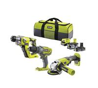 RYOBI - Trio 18V ONE+ RCK183D-242S : perceuse-visseuse à percussion + marteau perforateur SDS+ + meuleuse d'angle 115 mm