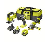 RYOBI - Trio ONE+ 18V : perceuse à percussion + scie sauteuse + meuleuse d'angle + 2 batteries (2,0 Ah et 4,0 Ah) + chargeur rapide - Livré dans 1 grand sac de transport