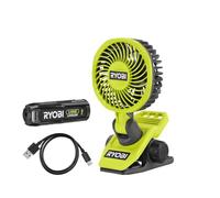 RYOBI Ventilateur à Pince 4V USB Lithium RCF4-120G Batterie 2,0Ah | Batterie 2,0 Ah et câble de charge USB-C inclus, tête orientable, prêt à l'emploi, bricolage, camping et poste de travail