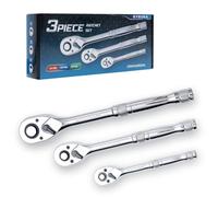 Ryrura Jeu de clés à cliquet 1/4", 3/8", 1/2", jeu de 3 clés à douille standard, libération rapide à 72 dents, fonction cliquet réversible avec poignée en métal