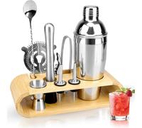 RYRYR Kit de Barman de mixologie, Ensemble de Shaker for préparation de Cocktails, Barman for la Maison, Outils de Bar en Acier Inoxydable 10 pièces, Complet avec Base en Bois(350ml)