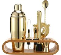 RYRYR Kit de Barman mixologique, Ensemble de Shaker for préparation de Cocktails la Maison, 10 pièces 750 ML, Outil Bar en Acier Inoxydable, Base Ovale en Bois, Accessoires(Gold)