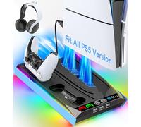 Rysker Support PS-5/Slim/Pro pour disque et numérique, station de refroidissement PS-5 avec double chargeur de manette pour console PS-5, ventilateur à 3 niveaux (bleu étoilé)
