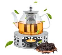 Ryvera Théière avec réchaud - 1200 ml - Théière avec passoire et réchaud - Théière en verre avec réchaud en acier inoxydable - Chauffe-thé avec passoire pour thé noir et vert - Sachet de thé parfumé
