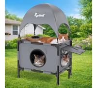 Rywell Maison pour Chat Extérieur Surélevée avec Terrasse, 61x46x96cm Maison pour Chat à Deux Niveaux avec Auvent, Deux Portes et Un Tapis, Convient aux Foyers avec Plusieurs Chats (Gris)