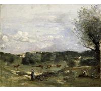 RZHRHJES Peinture sur Toile d'Art Abstrait Tableau Prairie avec des vaches, un saule à droite et un village lointain de Jean Baptiste Camille Corot Pour les Décorations pour la Maison 60x90cm