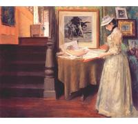 RZHRHJES Vintage Impressions sur Toile Abstrait Tableau Peinture sur Toile Portrait Intérieur jeune femme à une table par William Merritt Impression Tableaux Pour la Décoration Murale 60x90cm