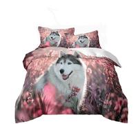 RZPFQB Chien Housse de Couette 1 Personne 160 x 200 cm Husky Parure de Lit en Microfibre pour Enfant GarçOn Fille Ado Chien dans Un Champ de Fleurs Rouges et Violettes Ensemble de lit en Microfibre